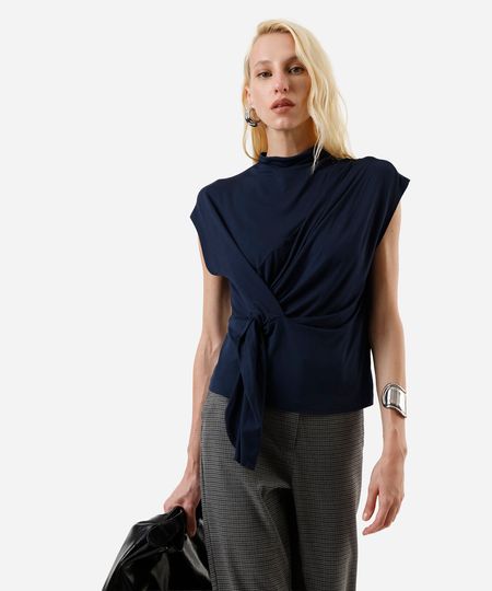 blusa feminina de viscose franzida azul GG