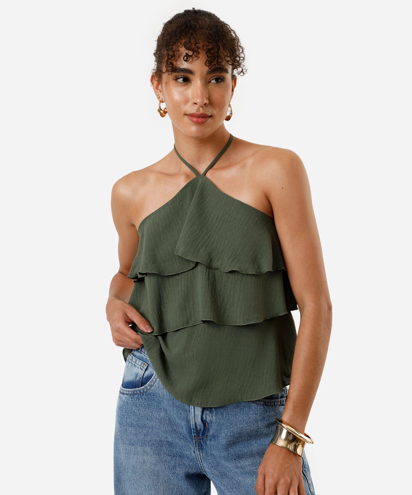 blusa halterneck feminina com babados texturizada verde