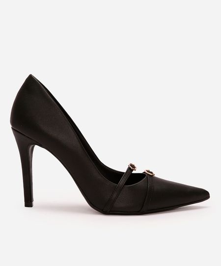 scarpin bico fino com fivelas oneself preto 35
