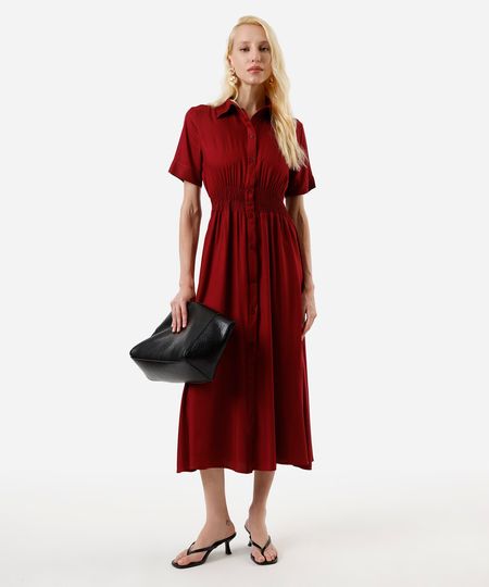 vestido midi chemise feminino de viscose manga curta vinho M vestido midi chemise feminino de viscose manga curta vinho M