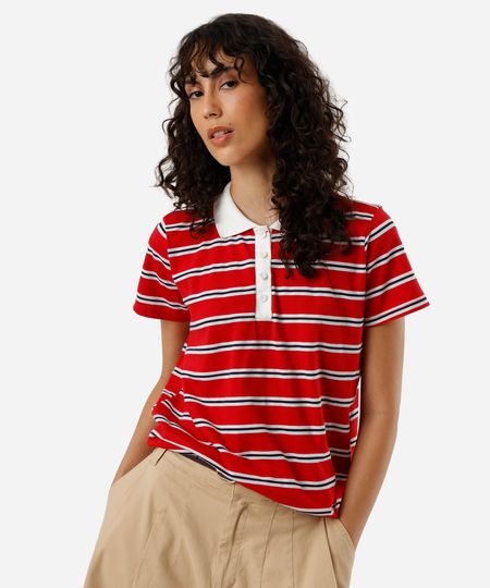 polo feminina com algodão listrada vermelha G polo feminina com algodão listrada vermelha G