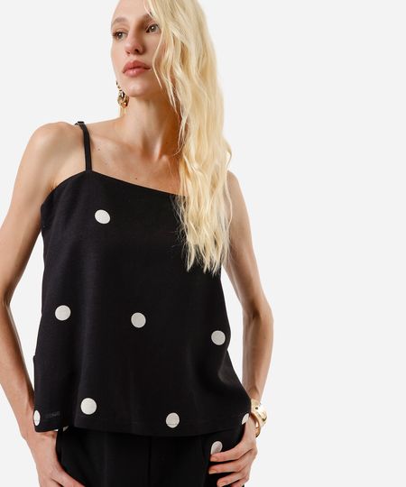 blusa feminina alça fina com linho poá preta M blusa feminina alça fina com linho poá preta M