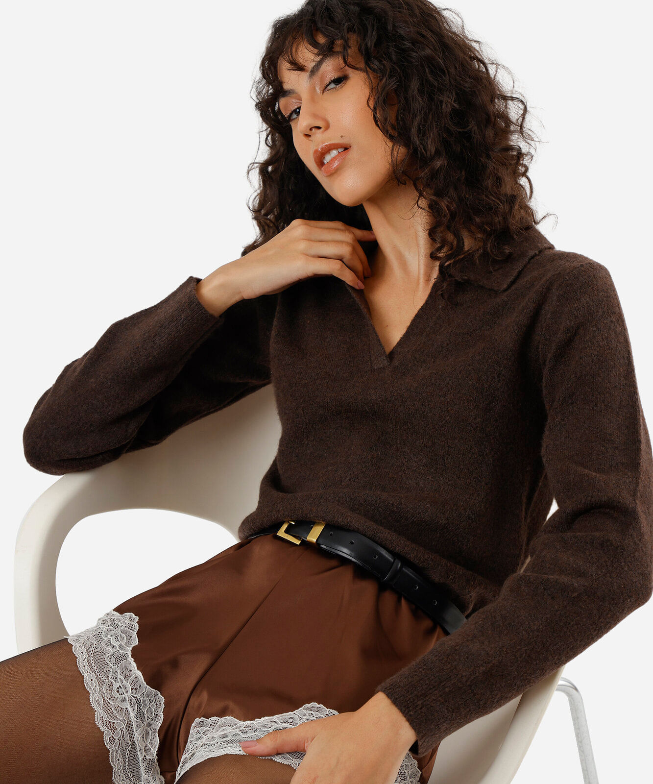 polo básica feminina de tricot manga longa marrom