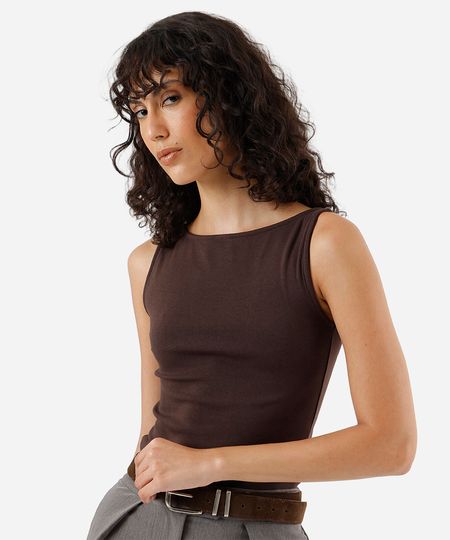 regata feminina de algodão decote canoa marrom PP regata feminina de algodão decote canoa marrom PP