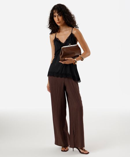 calça reta feminina com liocel texturizada marrom GG calça reta feminina com liocel texturizada marrom GG