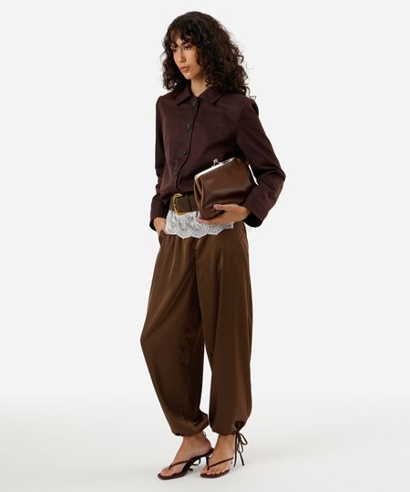 calça aladim feminina com amarração acetinada marrom P calça aladim feminina com amarração acetinada marrom P