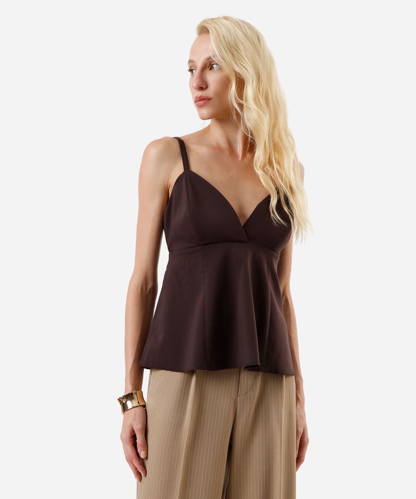 blusa peplum alça fina feminina decote v marrom