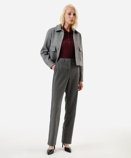 calça reta de alfaiataria feminina xadrez cinza 38