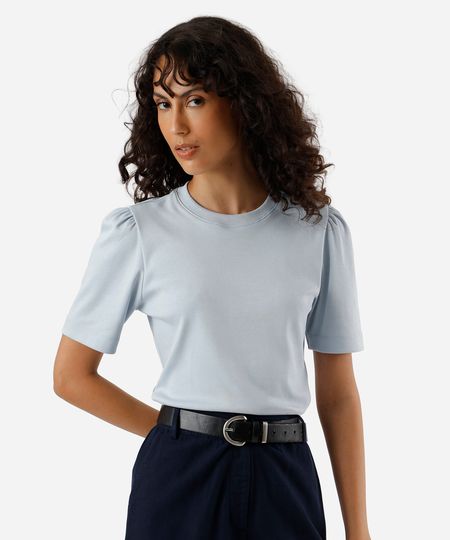 camiseta feminina de algodão peruano manga bufante azul M