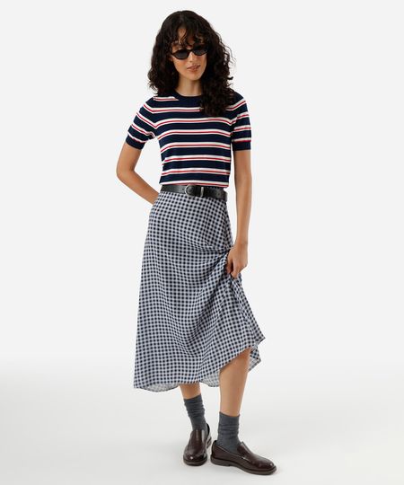 saia midi evasê feminina de viscose xadrez azul 40