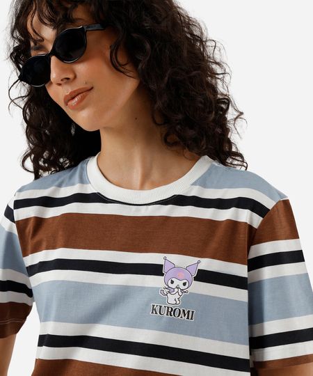 camiseta feminina de algodão kuromi listrada azul PP camiseta feminina de algodão kuromi listrada azul PP