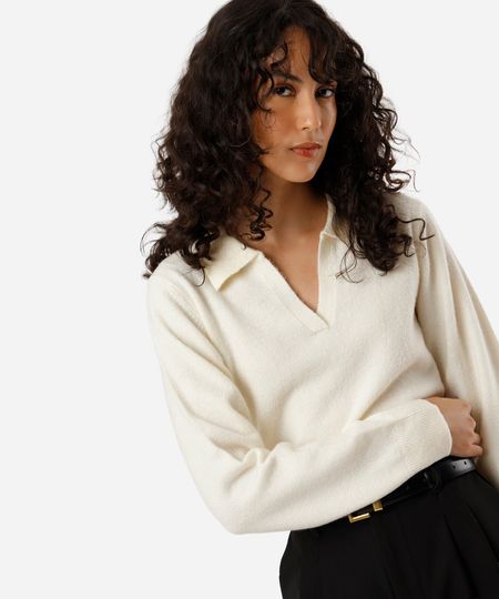 polo básica feminina de tricot manga longa bege PP polo básica feminina de tricot manga longa bege PP