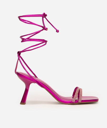 sandália com strass e amarração metalizada oneself rosa 34 sandália com strass e amarração metalizada oneself rosa 34