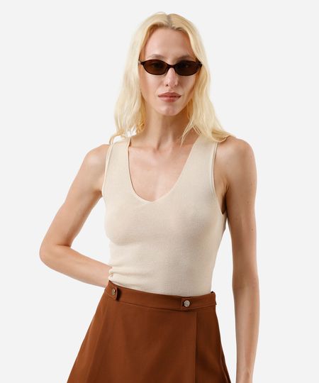 regata feminina de tricot decote v bege PP regata feminina de tricot decote v bege PP