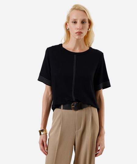 blusa feminina manga curta com pesponto em viscose preta M blusa feminina manga curta com pesponto em viscose preta M