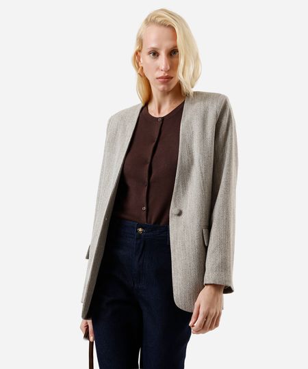 blazer de alfaiataria feminino decote v bege PP