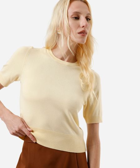 blusa cropped feminina de tricot manga curta amarela M