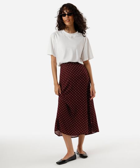 saia midi evasê feminina de viscose poá vinho 42