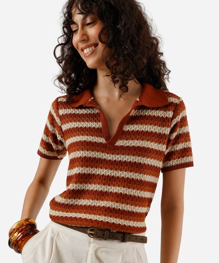 polo feminina de tricot texturizada listrada colorido PP polo feminina de tricot texturizada listrada colorido PP