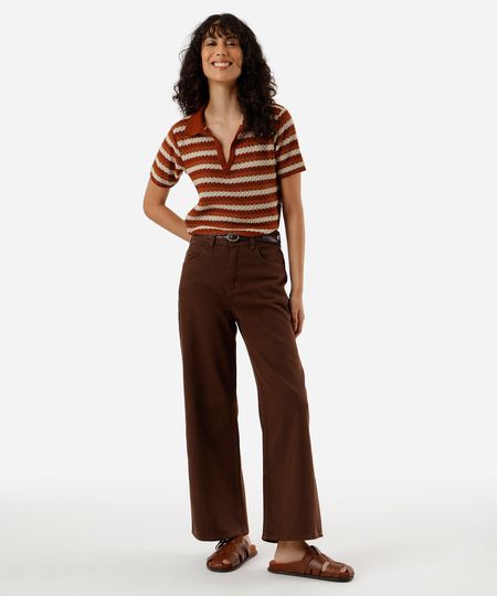 calça wide leg cropped feminina de sarja marrom 34 calça wide leg cropped feminina de sarja marrom 34