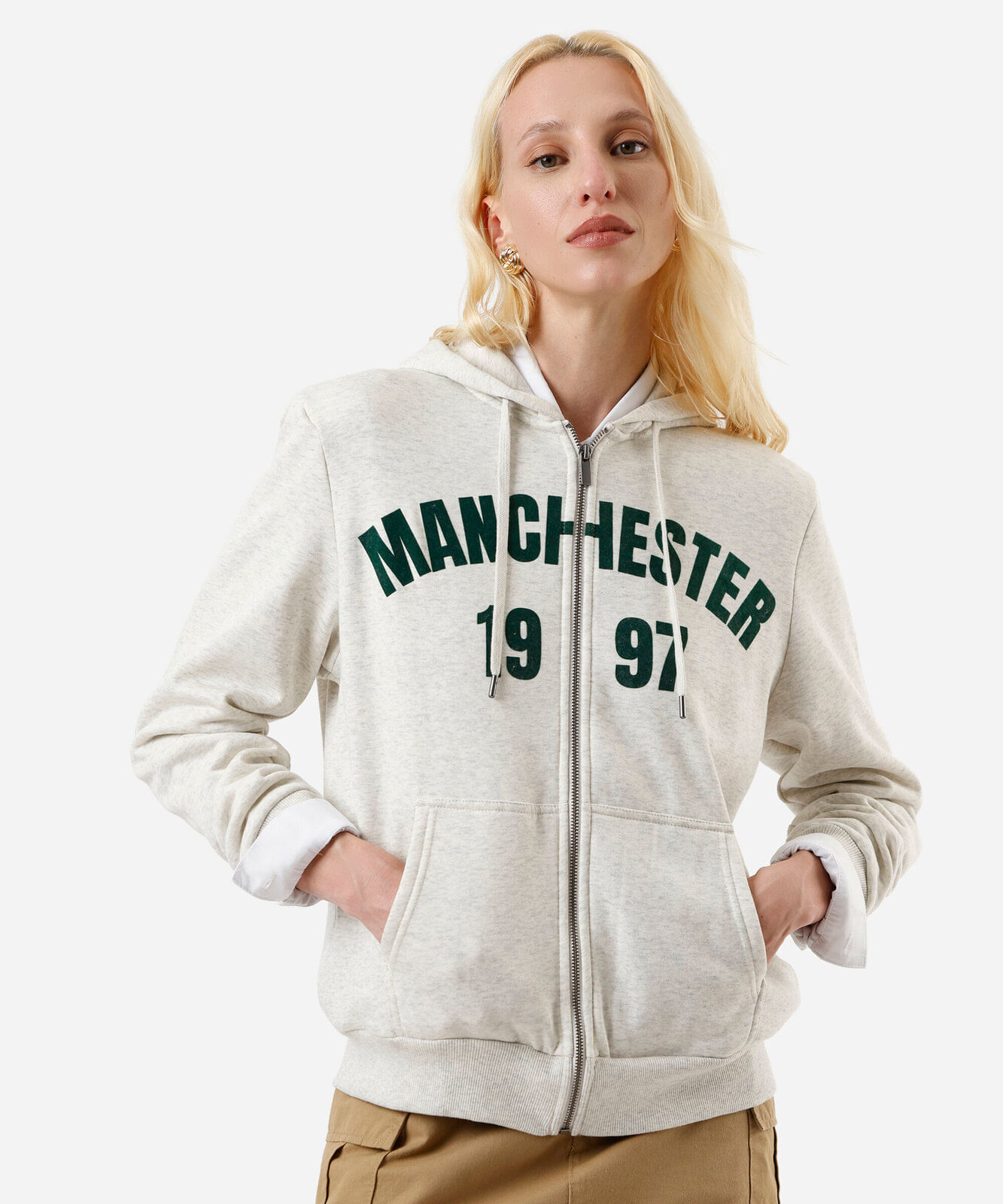 blusão feminino de moletom com capuz e zÃper estampado cinza
