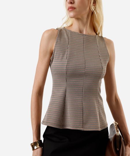 regata feminina peplum com recortes xadrez marrom P regata feminina peplum com recortes xadrez marrom P