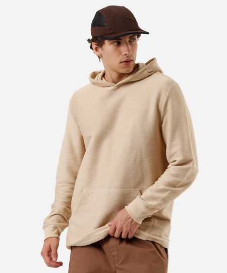 camiseta masculina manga longa com capuz canelada bege GG