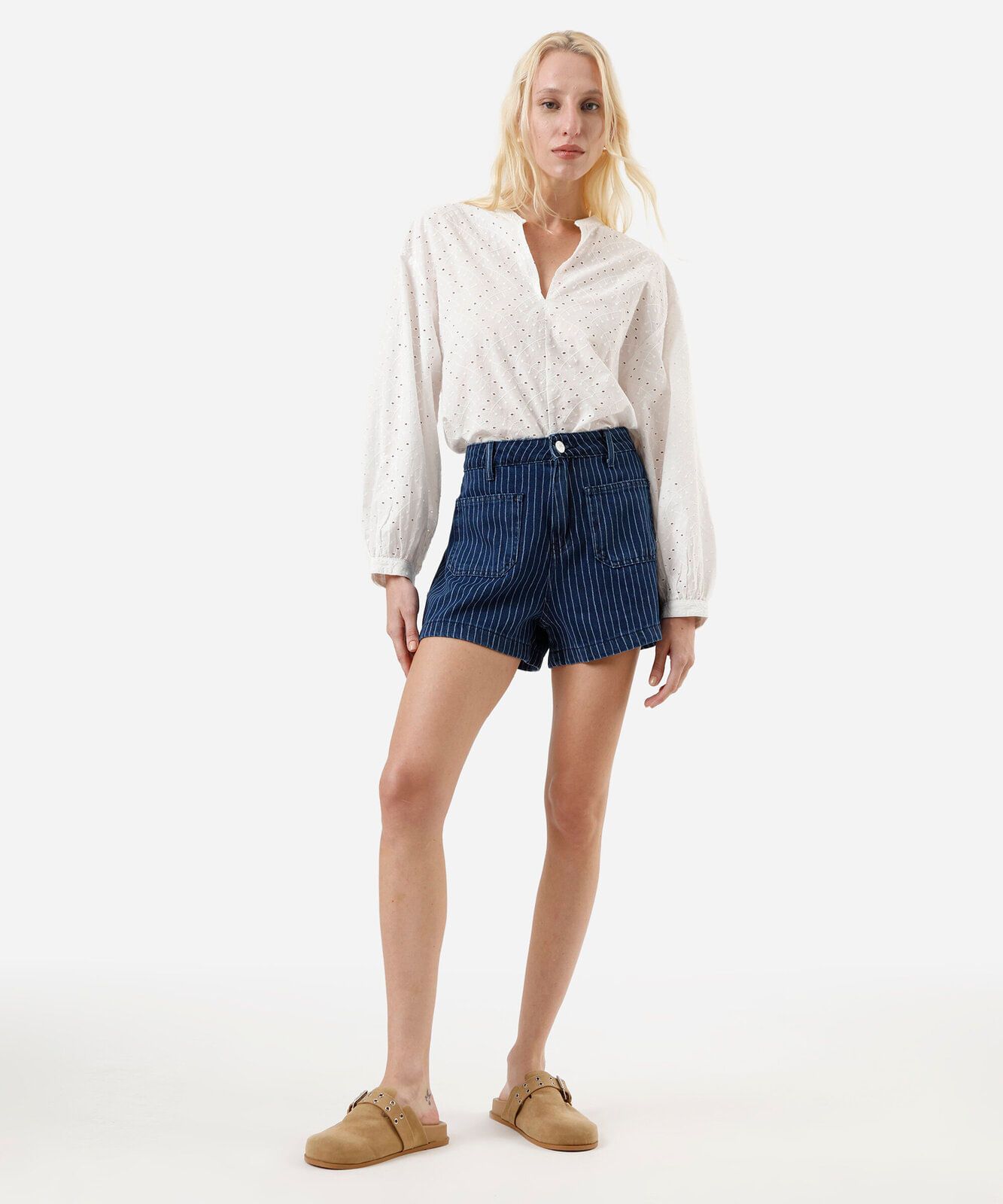 short jeans feminino cintura alta listrado azul
