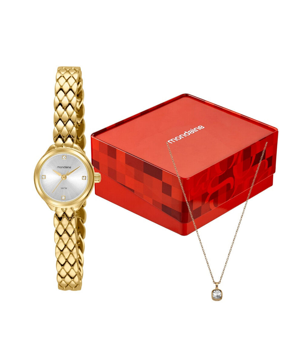 kit relógio feminino mondaine analógico 99614lpmvdm1ka dourado