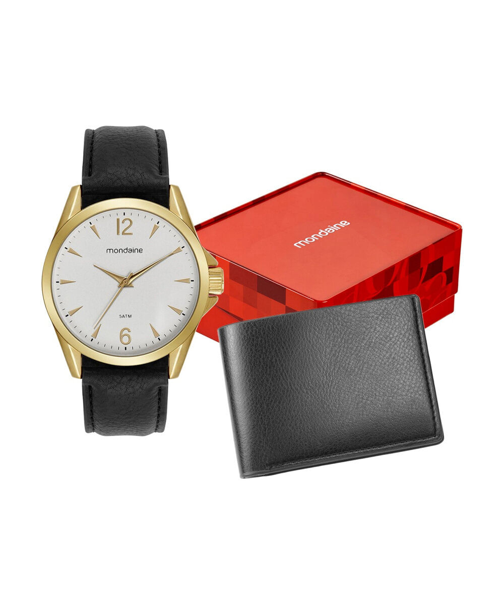 kit relógio masculino mondaine analógico 99740gpmvdh2ka dourado