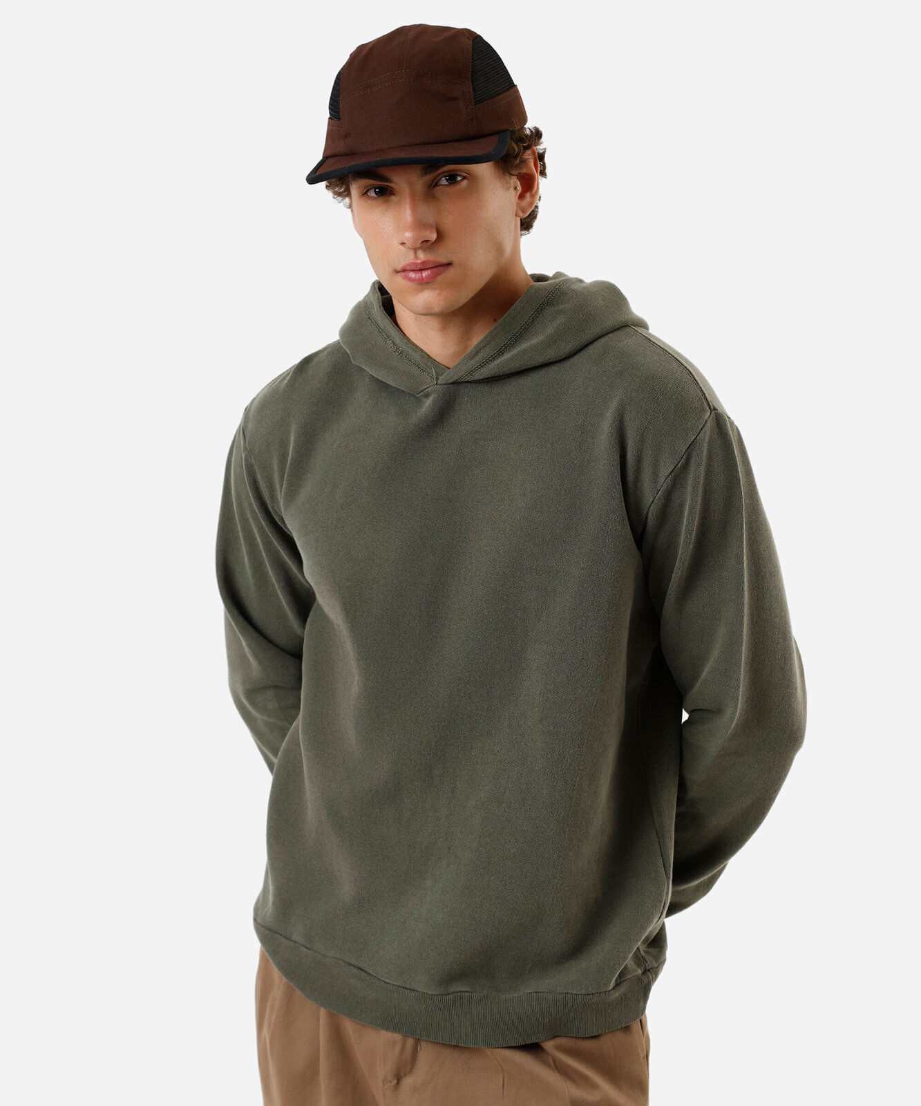 blusão masculino de moletom sem felpa com capuz estonado verde