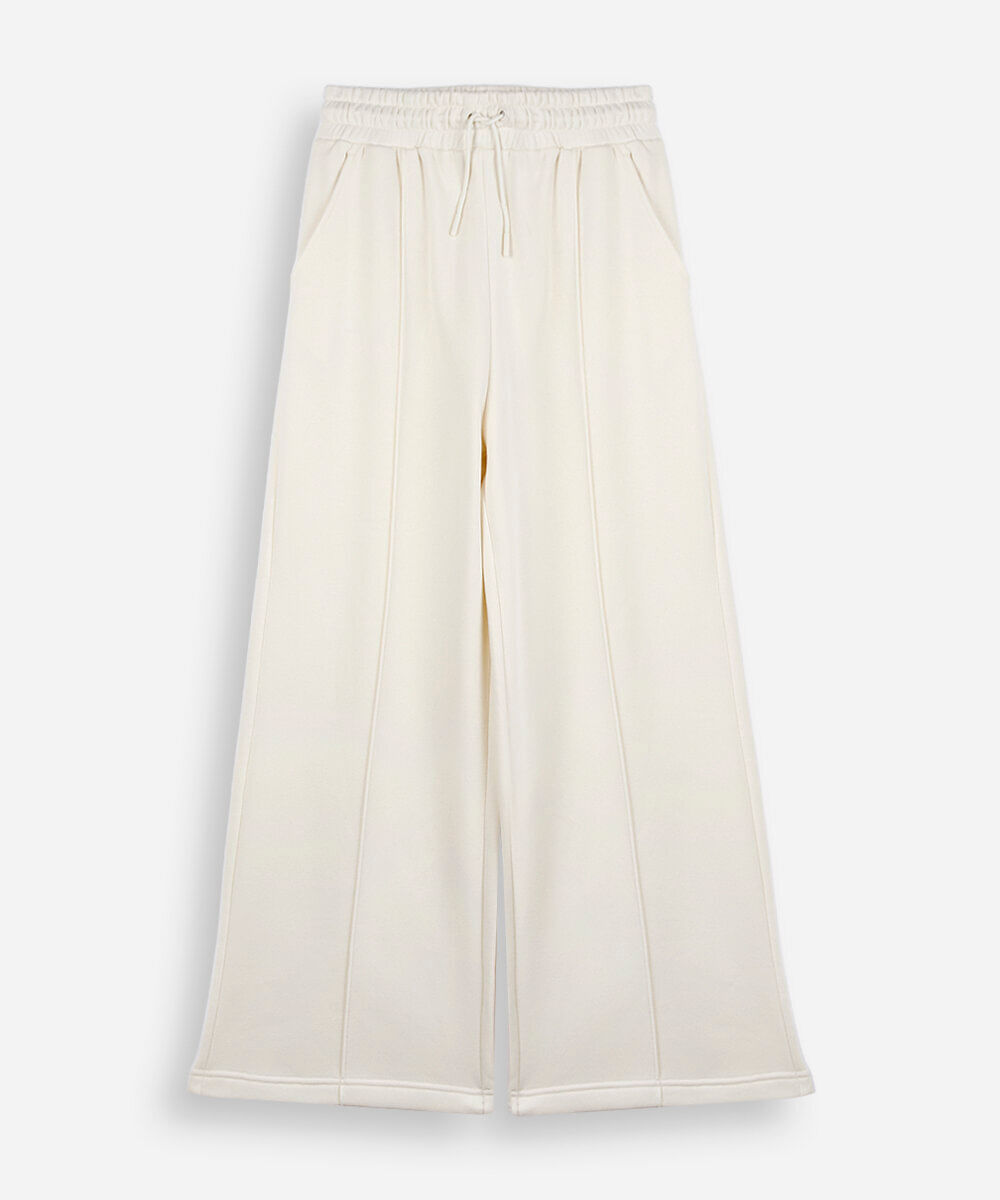 calça wide leg juvenil com nervuras cós elástico bege