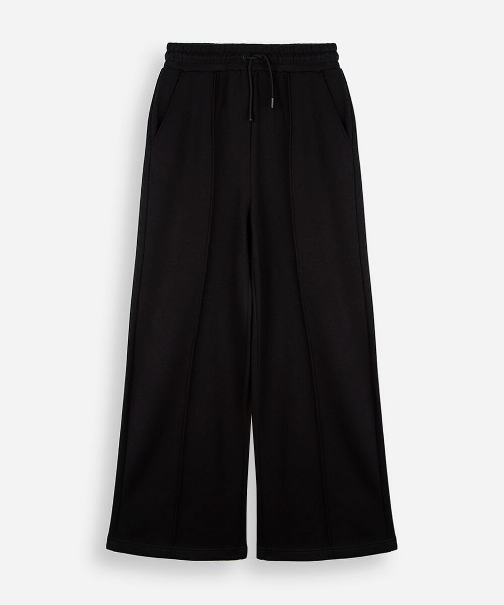 calça wide leg juvenil com nervuras cós elástico preto