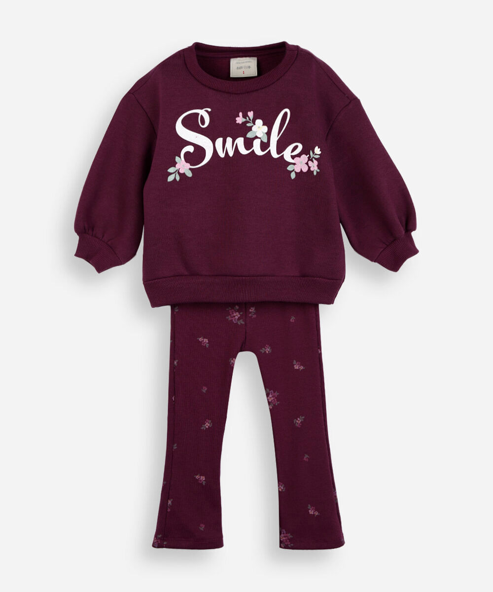 conjunto de moletom infantil smile vinho