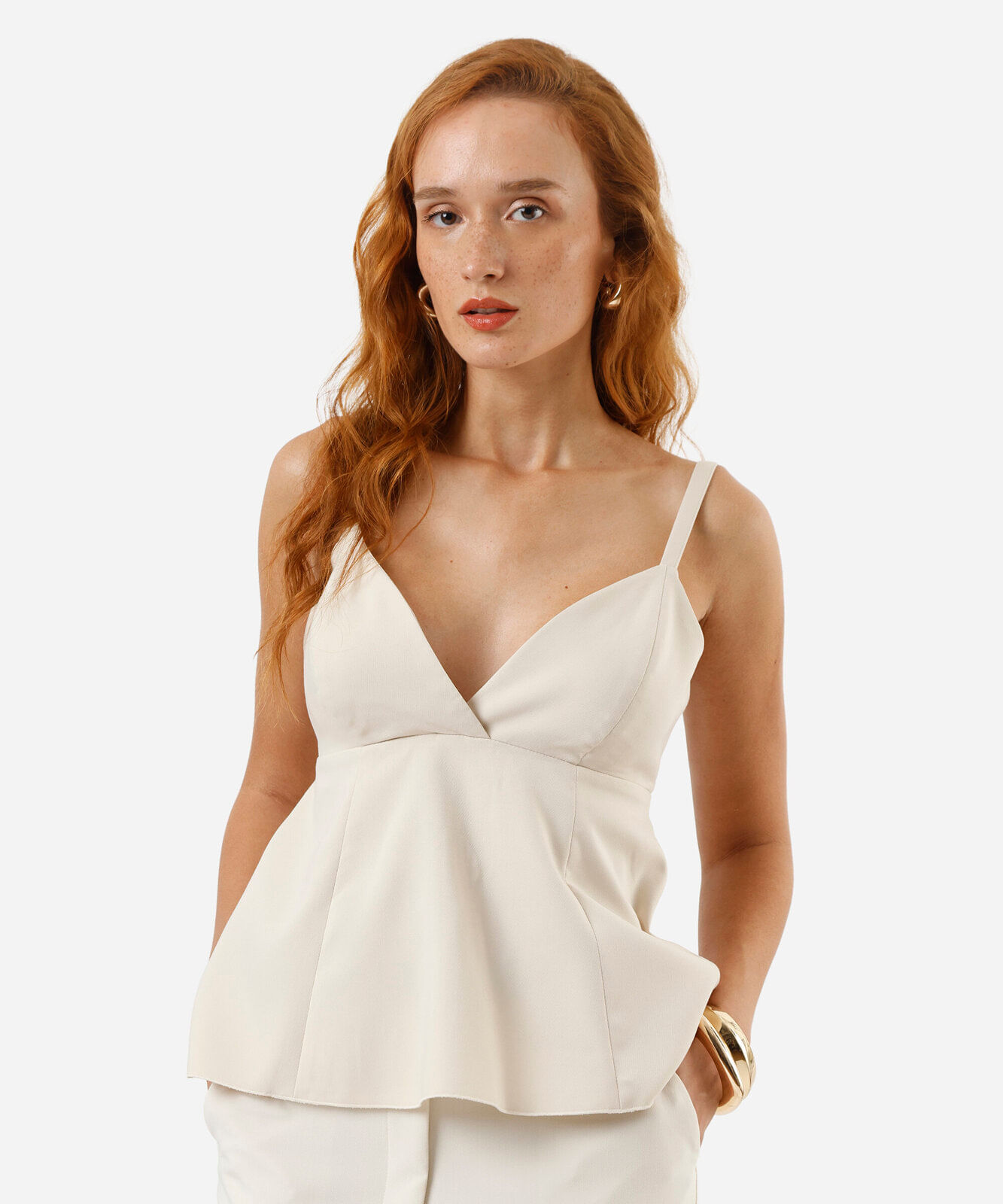 blusa peplum alça fina feminina decote v bege