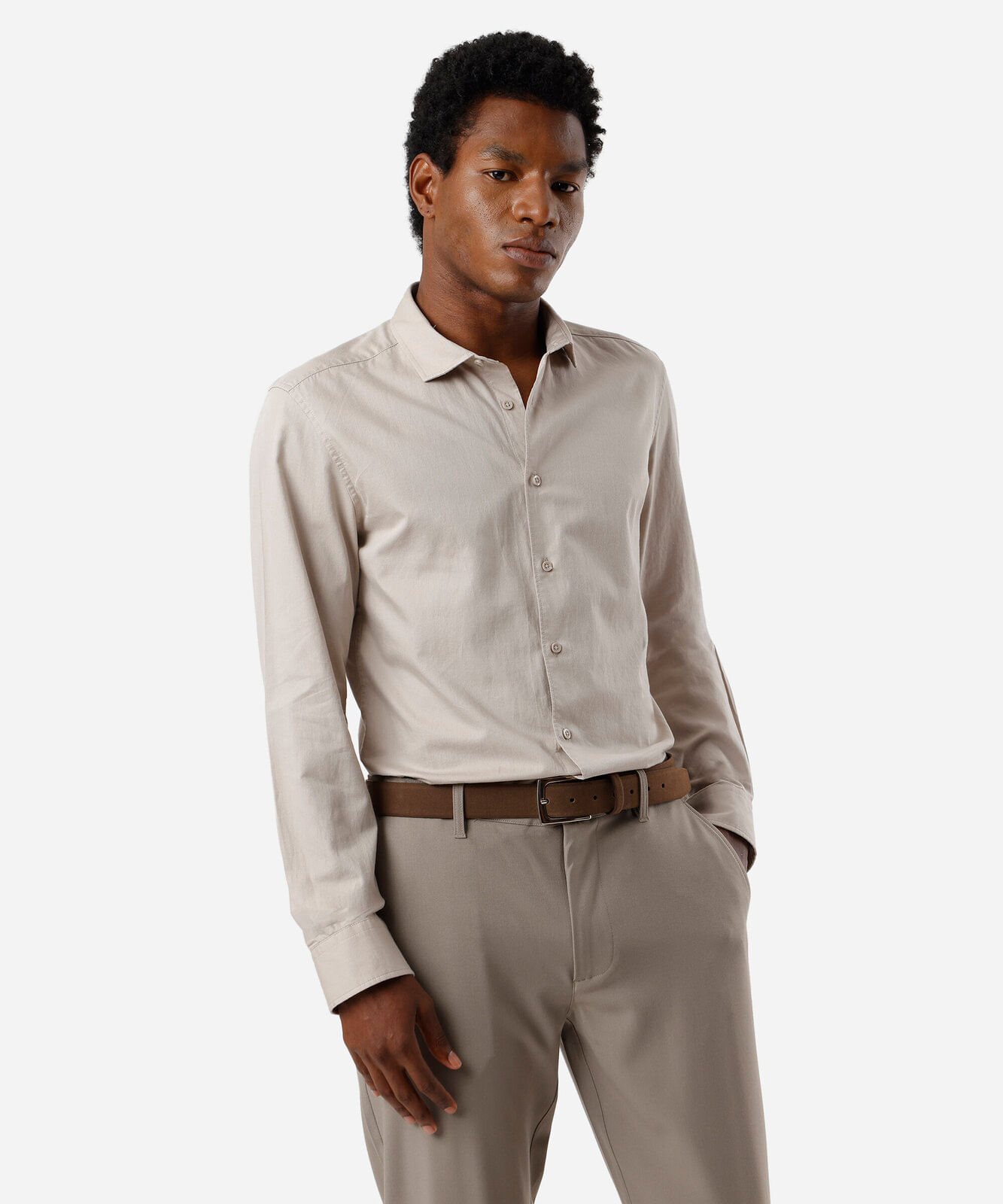 Vista 2 camisa slim fit masculina de algodão bege C&A OFF White C&A OFF White