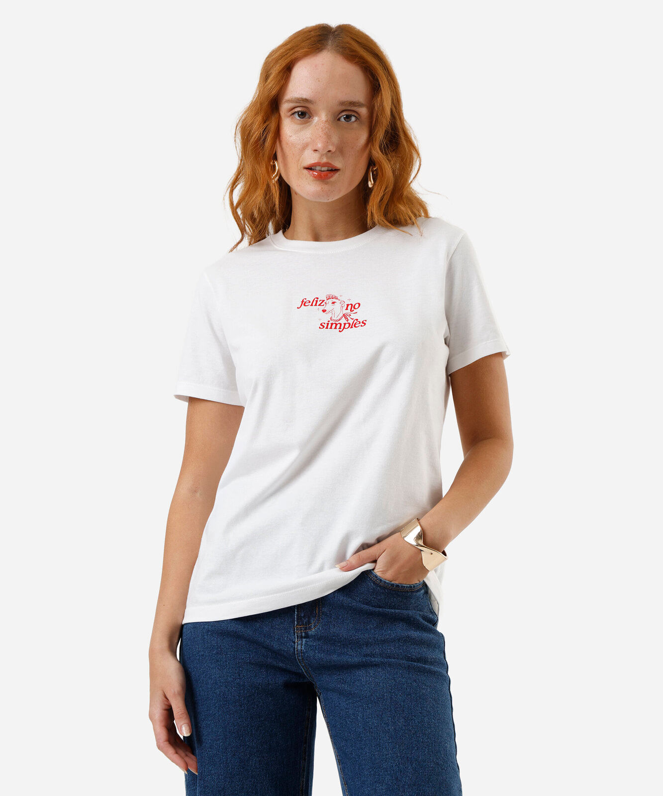 camiseta feminina feliz no simples off white