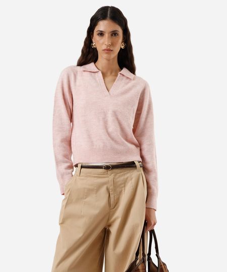 polo básica feminina de tricot manga longa rosa M polo básica feminina de tricot manga longa rosa M