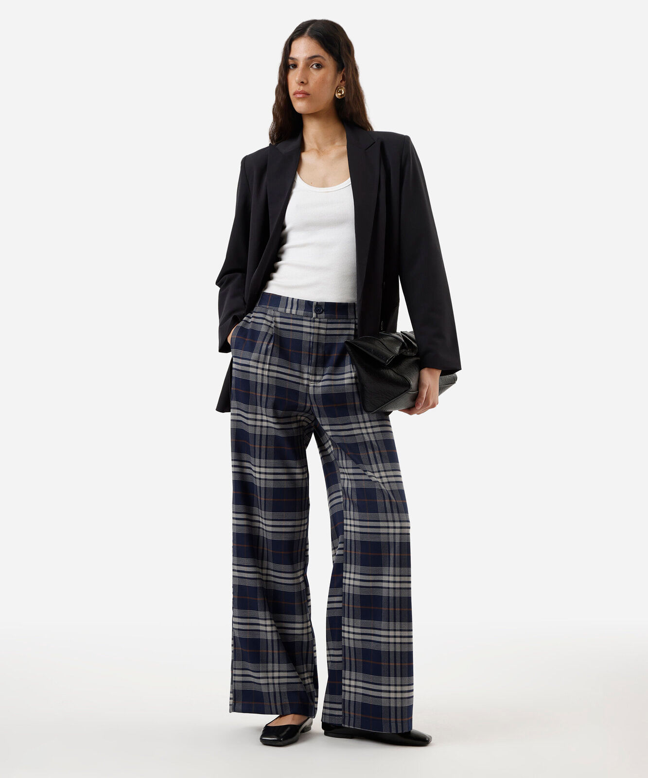 calça wide leg feminina xadrez azul