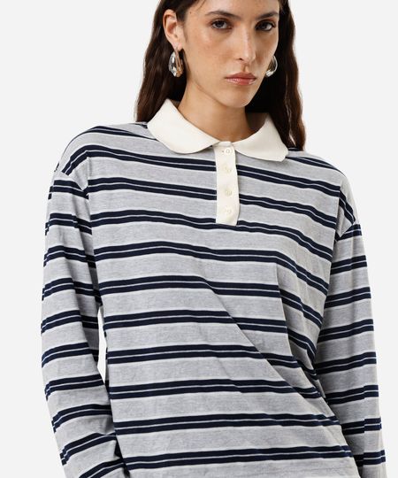 polo oversized feminina com algodão manga longa listrada cinza M polo oversized feminina com algodão manga longa listrada cinza M