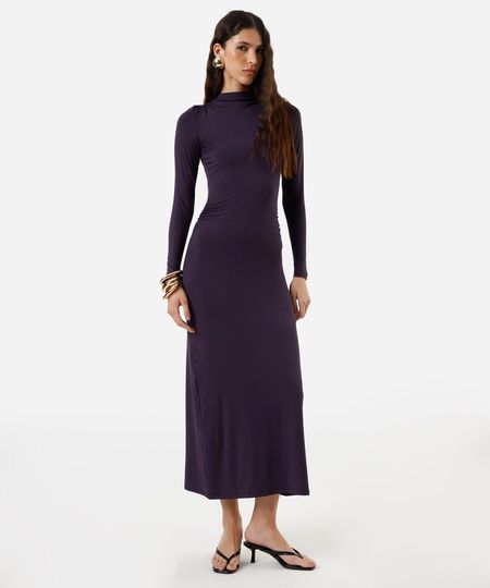 vestido longo feminino manga longa franzido roxo P