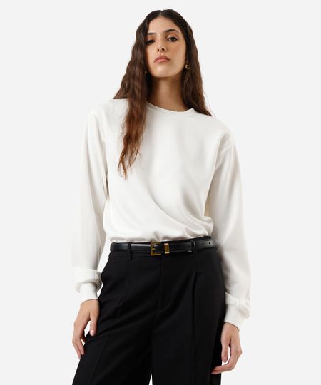 blusão básico alongado feminino de moletom com recorte off white PP blusão básico alongado feminino de moletom com recorte off white PP