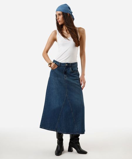 saia midi evasê feminina jeans com recorte azul 38