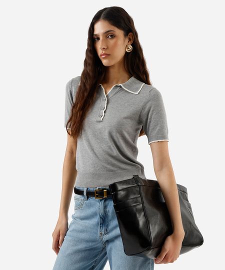 polo feminina de tricot manga curta cinza PP