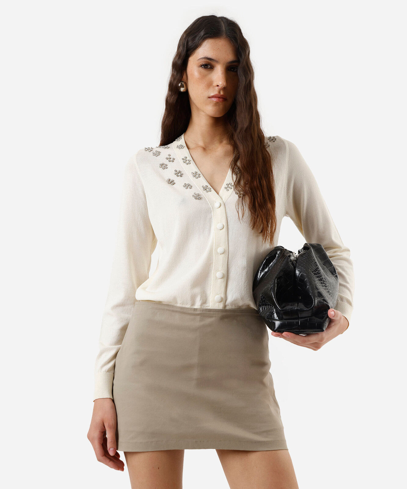 Vista 2 cardigan feminino de tricot com brilhos bege C&A Creme C&A Creme