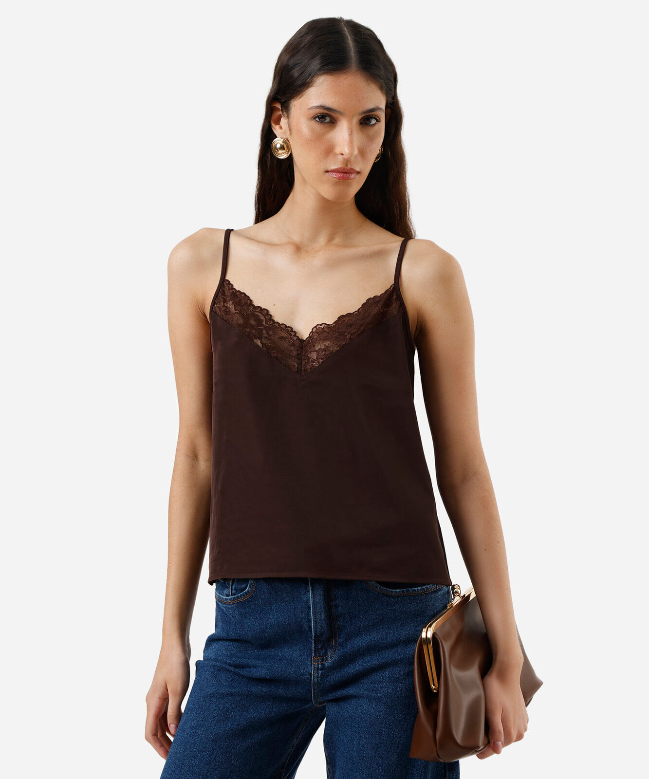 Vista 2 regata alça fina feminina com renda acetinada marrom C&A Marrom Escuro C&A Marrom Escuro