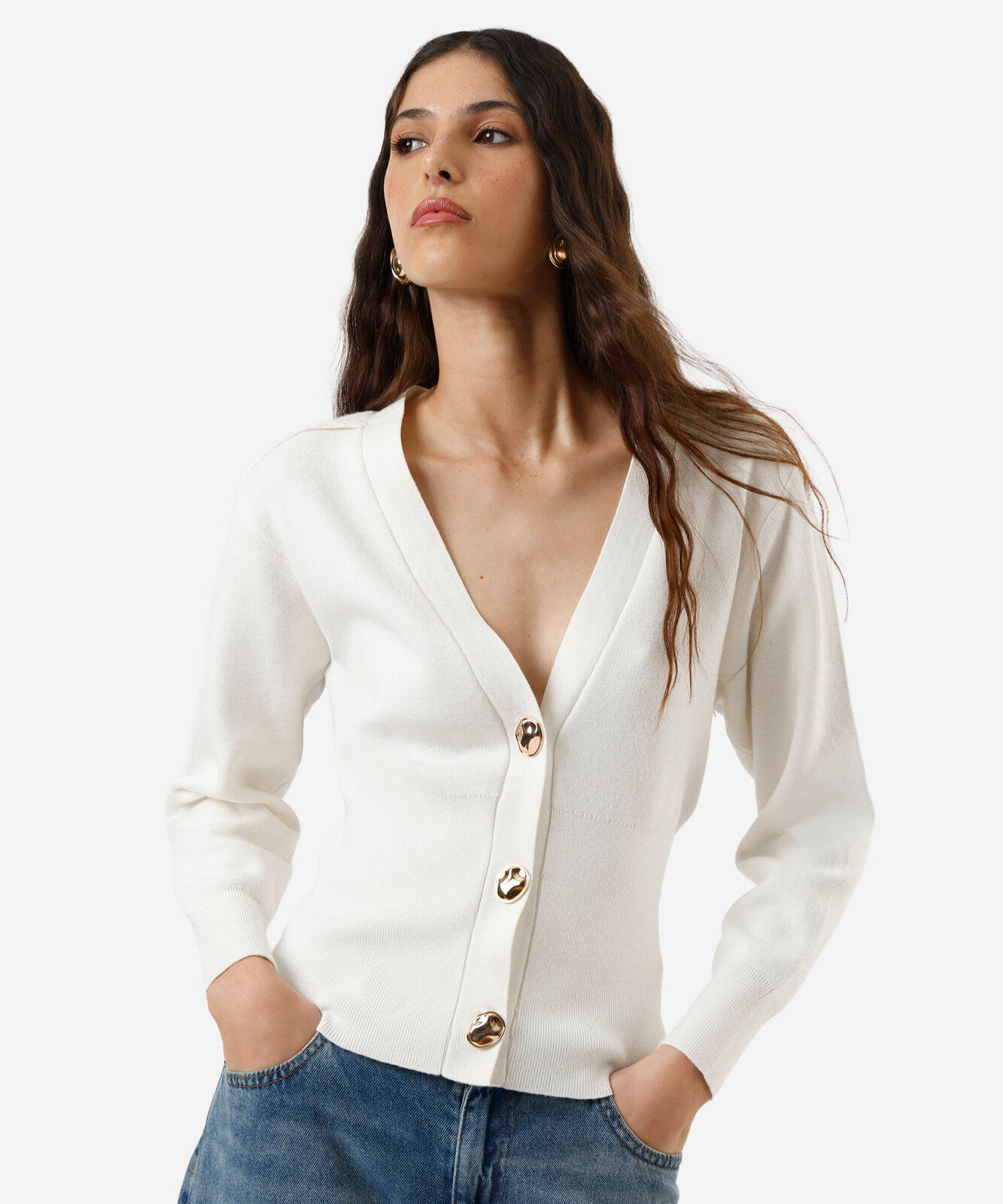 Vista 2 cardigan feminino de tricot acinturado C&A OFF White C&A OFF White