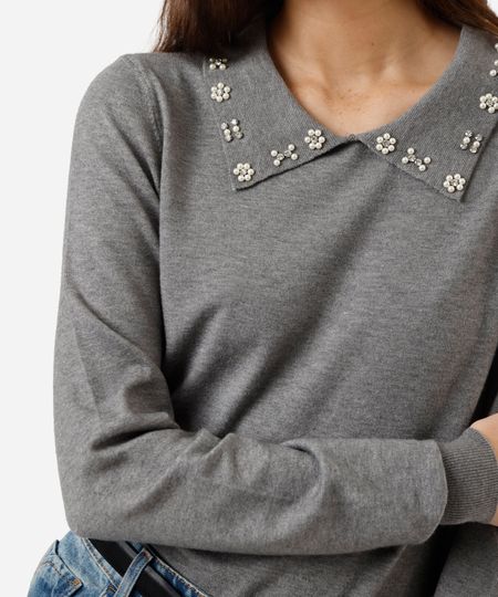 polo feminina de tricot com pérolas e brilhos manga longa cinza P polo feminina de tricot com pérolas e brilhos manga longa cinza P