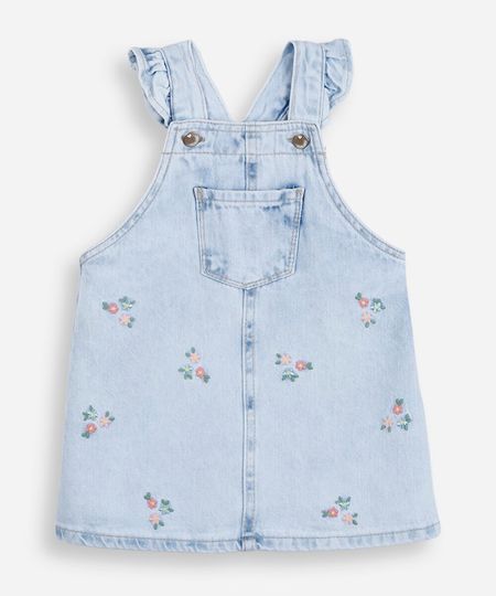 salopete infantil jeans com bordado floral e babados azul 3