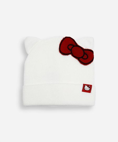 gorro infantil de tricot com orelhas hello kitty off white UNICO